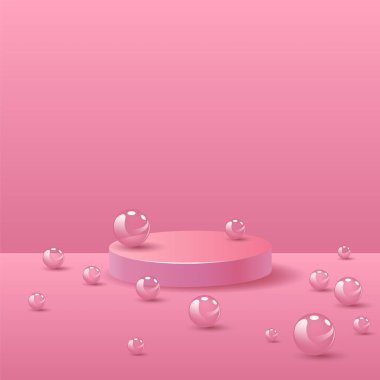 Pink cylinder podiums abstract background or scene to show cosmetic products with bubbles
