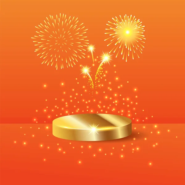 授賞式や製品ショーのためのステージシーン表彰台黄金のステージオレンジの背景に花火で照らされた ロイヤリティフリーのストックイラスト