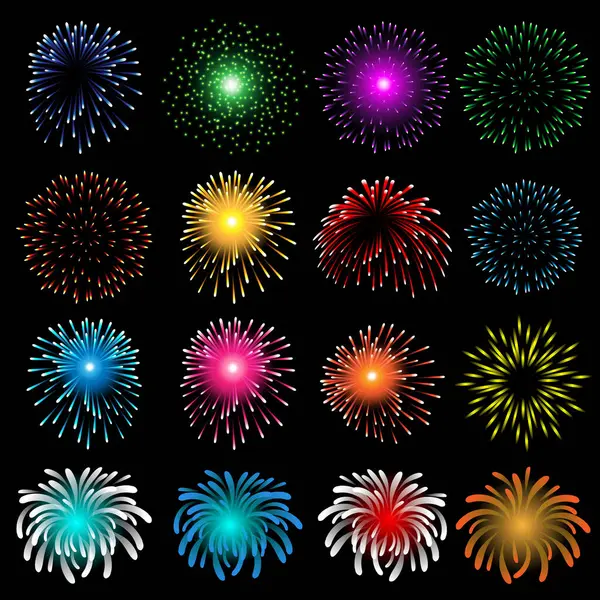 お祝いのための黒い背景にカラフルな花火コレクション ロイヤリティフリーストックベクター