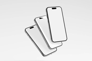 Iphone 15 and 15 Pro and 15 Pro Max White Blank 3D Rendering Mockup For Showcasing UI Design clipart