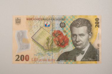 one banknote of 200 LEI Romanian money. RON Leu Money European Currency, Lucian Blaga portrait on the 200 RON banknote.