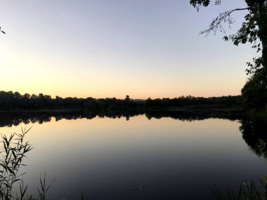 Şafakta ya da alacakaranlıkta ağaçların yansımalarıyla sakin göl