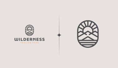 Dağ ve Güneş Işıkları, Tepe Dağı Doğa Manzarası Macera Logosu Şablonu