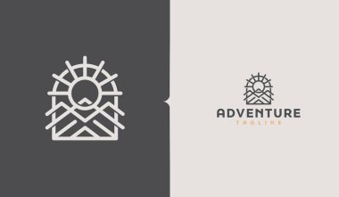 Dağ ve Güneş Işıkları, Tepe Dağı Doğa Manzarası Macera Logosu Şablonu