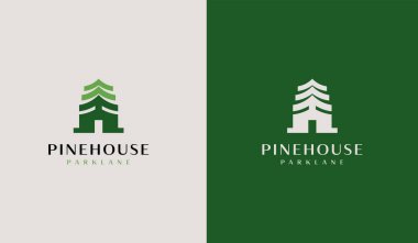 Pine House Pine Home Pine Tree logosu. Evrensel yaratıcı prim sembolü. Vektör simgesi logo şablonu. Vektör illüstrasyonu