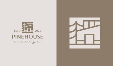 Cottage Pine House Logo Şablonu. Evrensel yaratıcı prim sembolü. Vektör çizimi. Yaratıcı Minimal Tasarım Şablonu. Şirket İş Kimliği Sembolü