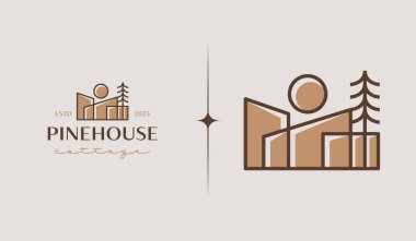 Cottage Pine House Logo Şablonu. Evrensel yaratıcı prim sembolü. Vektör çizimi. Yaratıcı Minimal Tasarım Şablonu. Şirket İş Kimliği Sembolü