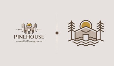 Cottage Pine House Logo Şablonu. Evrensel yaratıcı prim sembolü. Vektör çizimi. Yaratıcı Minimal Tasarım Şablonu. Şirket İş Kimliği Sembolü