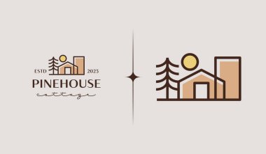 Cottage Pine House Logo Şablonu. Evrensel yaratıcı prim sembolü. Vektör çizimi. Yaratıcı Minimal Tasarım Şablonu. Şirket İş Kimliği Sembolü
