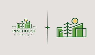 Cottage Pine House Logo Şablonu. Evrensel yaratıcı prim sembolü. Vektör çizimi. Yaratıcı Minimal Tasarım Şablonu. Şirket İş Kimliği Sembolü