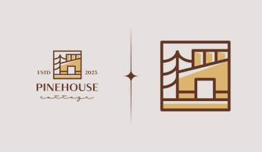 Cottage Pine House Logo Şablonu. Evrensel yaratıcı prim sembolü. Vektör çizimi. Yaratıcı Minimal Tasarım Şablonu. Şirket İş Kimliği Sembolü