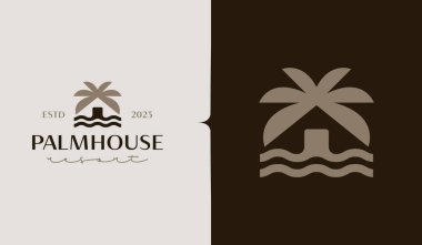 Palm House Resort Logo Şablonu. Evrensel yaratıcı prim sembolü. Vektör çizimi. Yaratıcı Minimal Tasarım Şablonu. Şirket İş Kimliği Sembolü