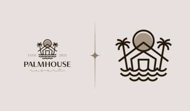 Palm House Resort Logo Şablonu. Evrensel yaratıcı prim sembolü. Vektör çizimi. Yaratıcı Minimal Tasarım Şablonu. Şirket İş Kimliği Sembolü