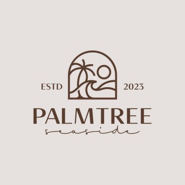 Palm Tree Plajı Logo Şablonu. Evrensel yaratıcı prim sembolü. Vektör çizimi. Yaratıcı Minimal Tasarım Şablonu. Şirket İş Kimliği Sembolü