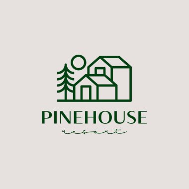Pine House Resort Logo Şablonu. Evrensel yaratıcı prim sembolü. Vektör çizimi. Yaratıcı Minimal Tasarım Şablonu. Şirket İş Kimliği Sembolü