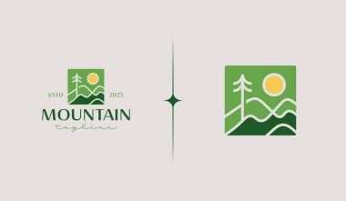 Mountain Peak Sunburst Logo Şablonu. Evrensel yaratıcı prim sembolü. Vektör çizimi. Yaratıcı Minimal Tasarım Şablonu. Şirket İş Kimliği Sembolü