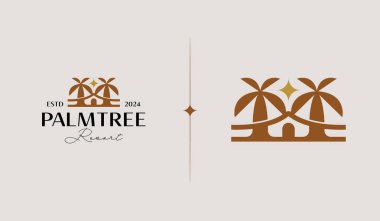 Palm House Resort Logo Şablonu. Evrensel yaratıcı prim sembolü. Vektör çizimi. Yaratıcı Minimal Tasarım Şablonu. Şirket İş Kimliği Sembolü