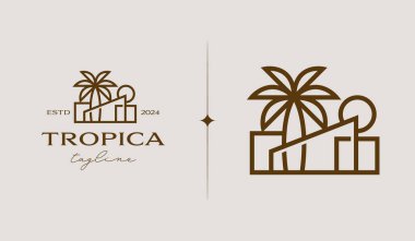 Palm House Resort Logo Şablonu. Evrensel yaratıcı prim sembolü. Vektör çizimi. Yaratıcı Minimal Tasarım Şablonu. Şirket İş Kimliği Sembolü