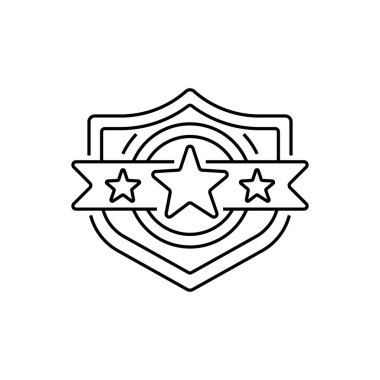 Yıldız Hattı Simgesi ile kalkan. Mobil konsept ve web tasarımı için doğrusal biçim işareti. Taslak vektör simgesi.