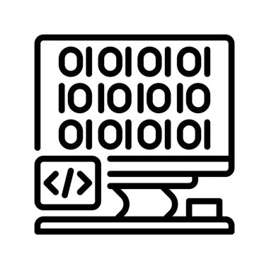 Kod satırı simgesi olan Dekstop Bilgisayarı. Evrensel yaratıcı prim sembolü. Vektör simgesi logo şablonu. Vektör illüstrasyonu