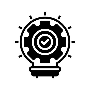 Dişli çizgisi simgesi olan ampul. Evrensel yaratıcı prim sembolü. Vektör simgesi logo şablonu. Vektör illüstrasyonu