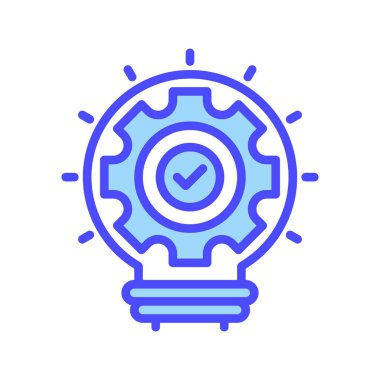 Dişli çizgisi simgesi olan ampul. Evrensel yaratıcı prim sembolü. Vektör simgesi logo şablonu. Vektör illüstrasyonu