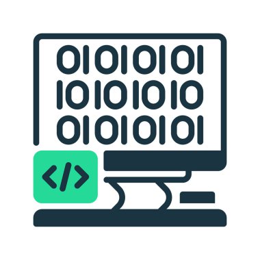 Kod satırı simgesi olan Dekstop Bilgisayarı. Evrensel yaratıcı prim sembolü. Vektör simgesi logo şablonu. Vektör illüstrasyonu