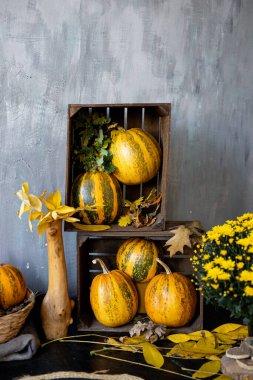 A collection of decorative pumpkins in wooden crates is displayed on a rustic table, surrounded by colorful autumn leaves and yellow flowers, capturing the essence of fall. clipart