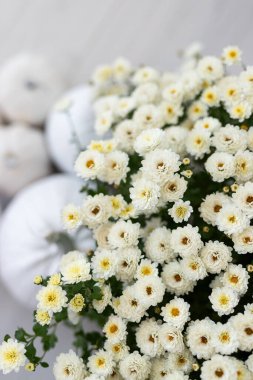 A lush bouquet of delicate white flowers with yellow centers sits elegantly indoors, providing a warm and inviting atmosphere amidst soft home decor items. clipart