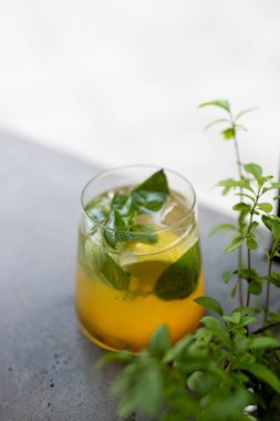 Nane yaprakları ve narenciye ile taze bitkisel içecek. Taş bir tezgahın üzerinde temiz bir bardakta servis edilir.