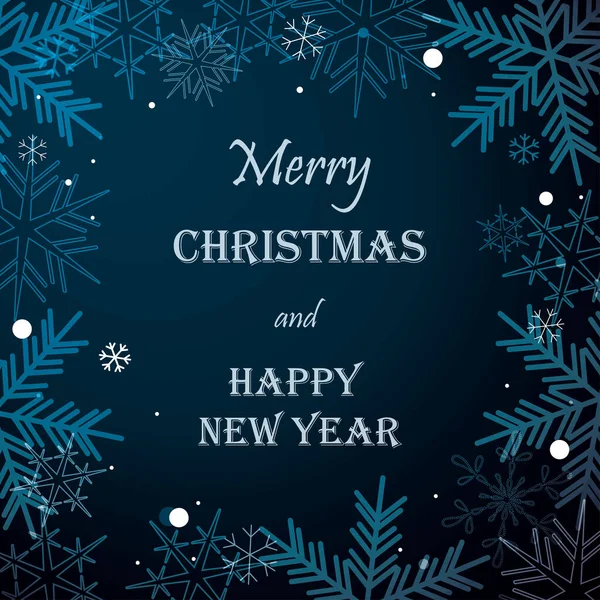 雪の結晶とダークブルーベクトルグリーティングカード メリークリスマスと幸せな新年 — ストックベクタ