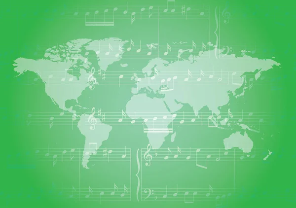 Light Green Vector Background Music Notes Light Colored World Map — Stock Vector