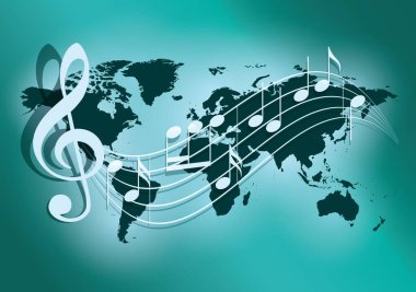 Dalgalı müzik notaları ve koyu yeşil dünya haritasıyla yeşil vektör arkaplanı