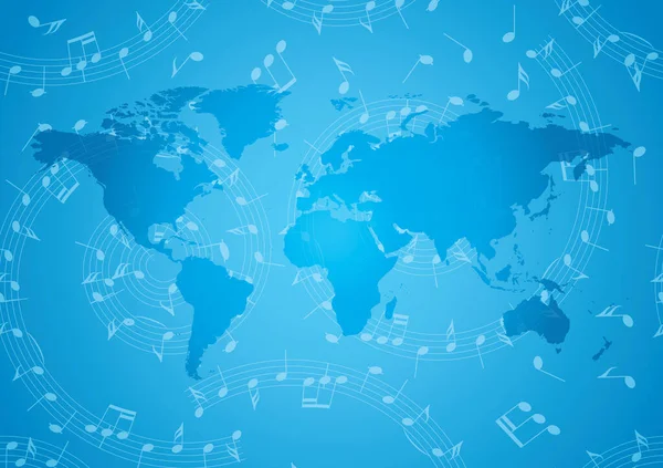 Müzik Notaları Mavi Dünya Haritasıyla Birlikte Mavi Vektör Pankartı Arkaplan — Stok Vektör