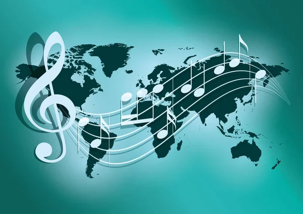 Dalgalı Müzik Notaları Koyu Yeşil Dünya Haritasıyla Yeşil Vektör Arkaplanı — Stok Vektör