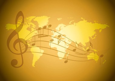 Dalgalı müzik notaları ve sarı dünya haritalı vektör arkaplanı - altın bayrak