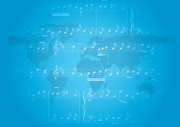Müzik Notaları Çizgili Dünya Haritasıyla Mavi Vektör Pankartı Gradyan Ile — Stok Vektör