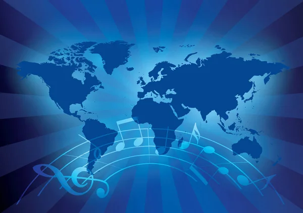 Blauwe Vectorachtergrond Met Abstracte Muzieknoten Wereldkaart Banner Met Lichtstralen — Stockvector