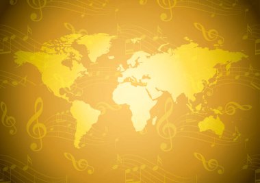 Dalgalı müzik notaları ve açık sarı dünya haritasıyla altın vektör arkaplanı