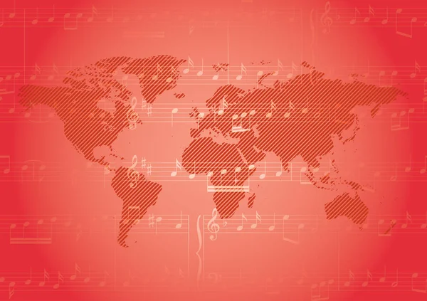 赤いベクトルの背景と楽譜と縞模様の世界地図 — ストックベクタ
