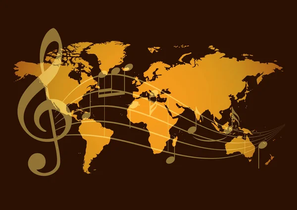 暗褐色の背景に音楽ノートとオレンジの世界地図 ベクトル — ストックベクタ