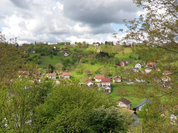 Σπίτια Στο Καταπράσινο Λόφο Χωριό Milanovac Στην Επαρχία Βιροβίτικα Podravina — Φωτογραφία Αρχείου