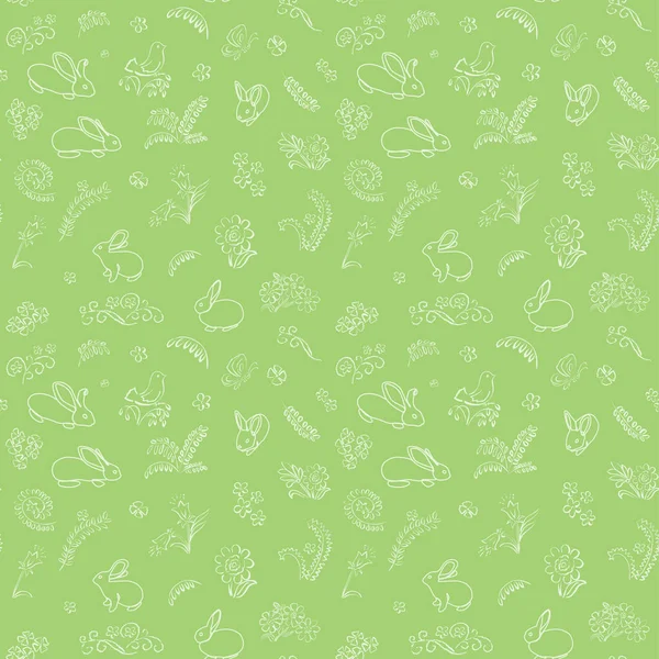 Зелений Безшовний Візерунок Кроликами Флорою Векторний Фон — стоковий вектор