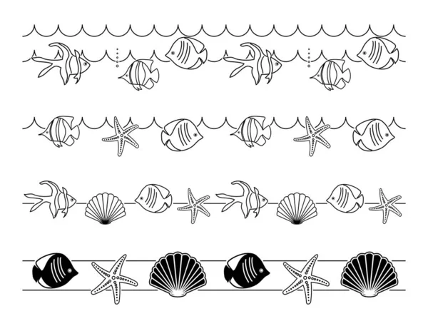 Декоративные Бесшовные Границы Летнего Отдыха Векторные Рыбы Ракушки Морские Звезды — стоковый вектор