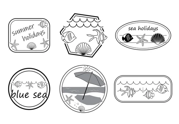 Διακοσμητικά Γεωμετρικά Γραμματόσημα Για Καλοκαιρινές Διακοπές Vector Fishes Και Κοχύλια — Διανυσματικό Αρχείο