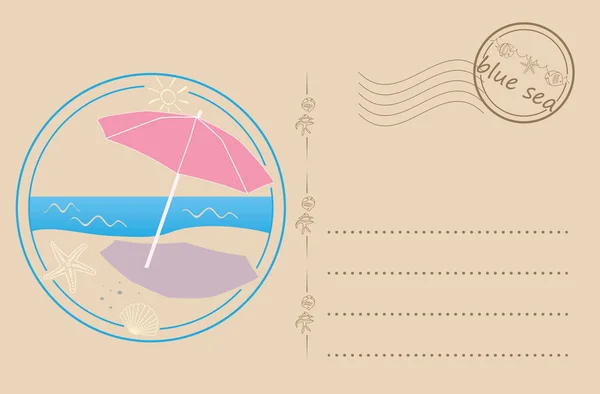 Декоративна Векторна Листівка Ілюстрацією Морського Пляжу Парасольки — стоковий вектор
