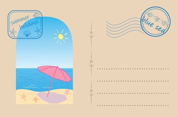 Vektor Postkarte Mit Briefmarke Meeresstrand Und Sonnenschirm — Stockvektor