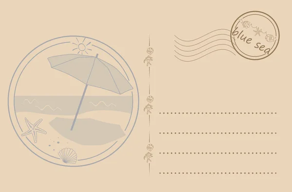 Dekorative Vektor Postkarte Mit Abbildung Der Meeresküste Und Sonnenschirm Vorlage — Stockvektor