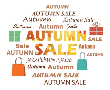 Sonbahar satışı, alışveriş torbalarıyla bulutlu kelimeler. Vektör parlak illüstrasyon