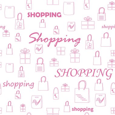 vektörsüz desen - beyaz arkaplanda pembe alışveriş torbaları ve kutuların siluetleri
